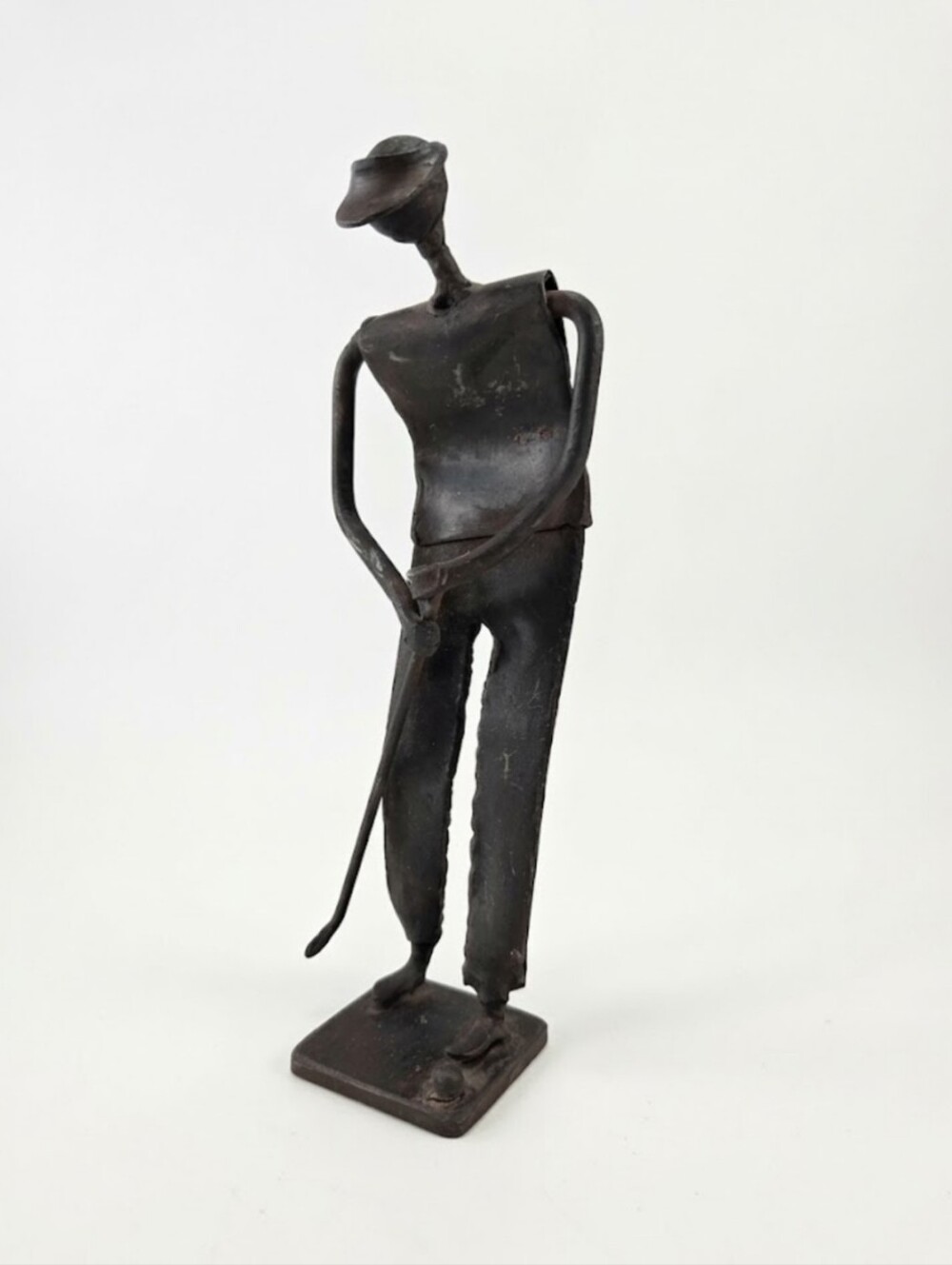 Vintage Brutalist Welded Scrap Metal Golfer Sculpture Folk Art Figurine 8.5"